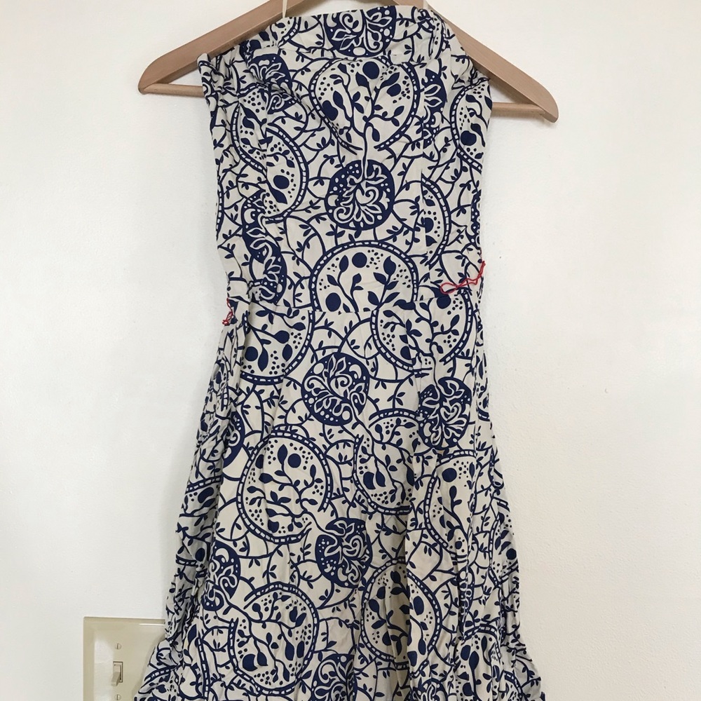 Blue and white strapless dress